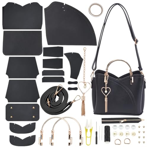WADORN DIY Fashion Lady Top Handle Schultertasche Herstellungs, PU Leder Handgefertigte Schulranzen Handtasche Herstellungs Set Leder Umhängetasche DIY Kit, Schwarz von WADORN