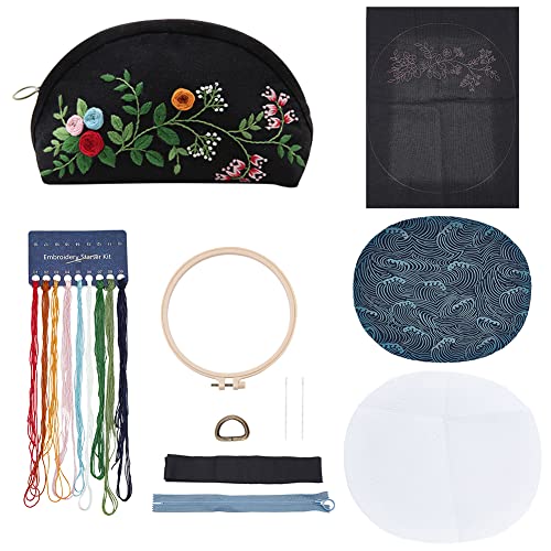 WADORN DIY Geldbörse Stickset, Handgemachte Stickerei Halbmond Tasche Kreuzstich Kit Mit Anleitung Blumenmuster Handarbeiten Nähen Handwerk Federmäppchen Herstellungsmaterialien, 17x8x12 cm von WADORN