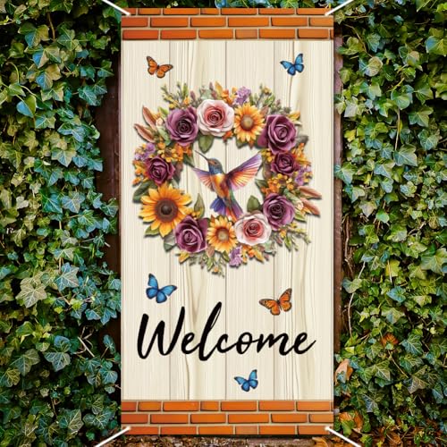 WADORN Frühlings Und Sommerblumen Türabdeckungsbanner, 90x180cm Futterfly Blumen Willkommensbanner Dekoration Hintergrund Willkommens Frühlingsparty Hängende Türdekor Zubehör Für Haustür Veranda von WADORN
