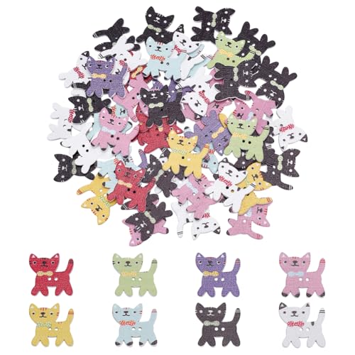 WADORN Holzknöpfe in 8 Farben, Katzenknöpfe, 2 Löcher, bunt, niedliches Katzenmuster, verschiedene Farben, Drucke, Nähknöpfe, für Bastelarbeiten, Nähen, Scrapbooking, Kunstprojekte, Heimdekoration von WADORN