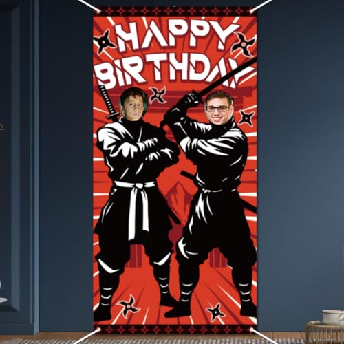 WADORN Ninja Happy Birthday Fotobanner Partydekor, 90x180cm Großer Japanischer Ninja Fotohintergrund Großer Stoff Rot Schwarzes Kriegergesicht In Loch Hängende Türabdeckung Dekor Für Meister Party von WADORN