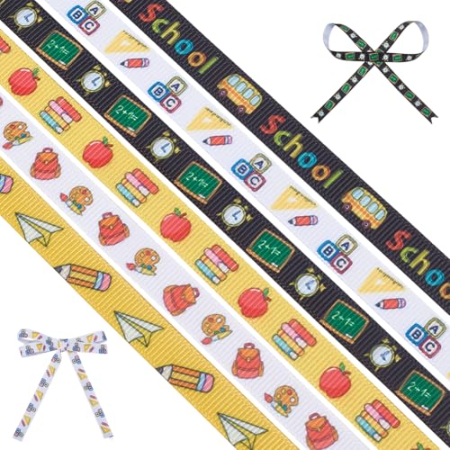 WADORN Ripsband für Schulanfang, 3/8 Zoll, Schullehrer-Themenbänder, Bus, Bleistift, Buch, Äpfel, gemustertes Stoffband für Geschenkverpackungen, Lehrer, Wertschätzung, Bastelbedarf, 6 Rollen von WADORN
