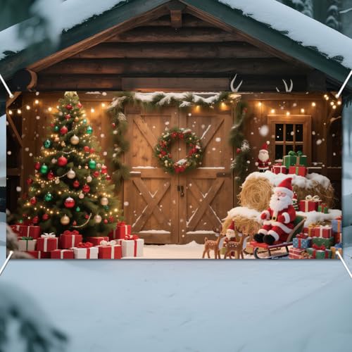 WADORN Rustikale Scheunenkulisse Für Weihnachten, 180x90cm Winter Weihnachtsbaum Schnee Holztür Fotografie Hintergrund Banner Winterurlaub Familienparty Foto Requisiten Zubehör Für Weihnachtsfeier von WADORN