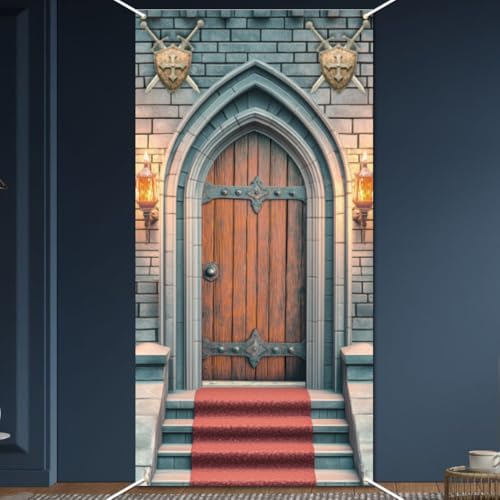 WADORN Schlosstürabdeckung Banner, 90x180cm Mittelalter Party Banner Hintergrund Gewölbte Tür Fenster Steinmauer Hintergrund Hängende Türdekorationen Zubehör Für Mittelalter Partys Geburtstagsfeiern von WADORN