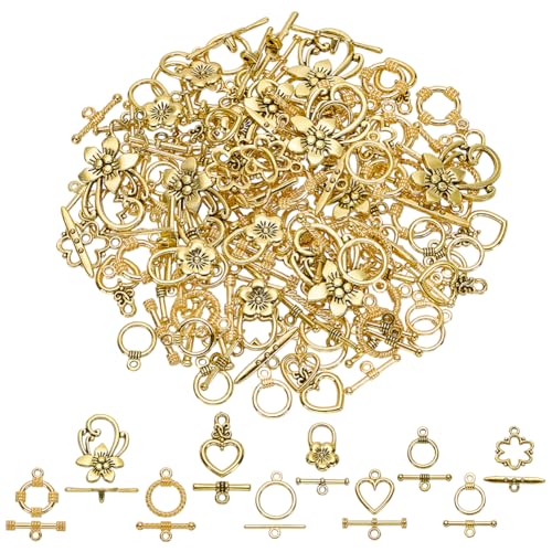 WADORN Schmuck-Verschlüsse, 100 Sets, 10 Stile, T-Steg-Verschlüsse, OT-Blumen-Herz-Verschlüsse, Legierung, Knebelverschlüsse mit Biegeringe für Halskette, Armband, Schmuckherstellung, Antik-Gold WADORN Schmuck-Verschlüsse, 100 Sets, 10 Stile, T-Steg-Verschlüsse, OT-Blumen-Herz-Verschlüsse, Legierung, Knebelverschlüsse mit Biegeringe für Halskette, Armband, Schmuckherstellung, Antik-Gold von WADORN