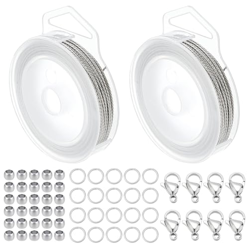WADORN Schmuckherstellungs-Set, 30 m, 1 mm, Edelstahl, 7-strängig, Perlendraht mit 200 Biegeringen, 30 Karabinerverschlüssen, 50 Abstandshalter-Perlen für DIY-Armbänder, Ohrringe, Halsketten, Handwerk von WADORN