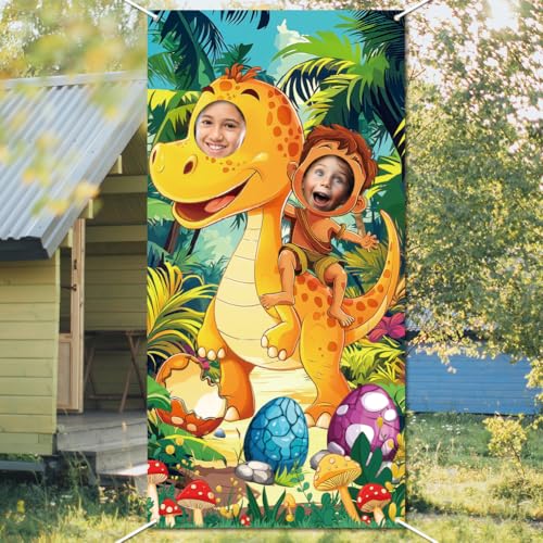 WADORN Türbanner Mit Foto Für Dinosaurierparty Lustiger Dinosaurier Fotohintergrund Für Geburtstagspartys Tropischer Dschungel Großes Gesicht In Einem Loch Stoffbanner Zum Aufhängen Mit Seil 90x180cm von WADORN
