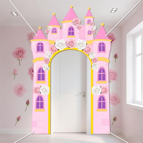WADORN Türbanner Mit Foto 'Pink Castle', 161x263cm Prinzessinnenschloss Geburtstagsparty Dekor Großer Prinzessinnen Thema Hintergrund Hängendes Veranda Banner Hintergrund Für Rosa Geburtstagsparty von WADORN