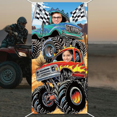 WADORN Türbanner Mit LKW Foto Fotohintergrund Für Monstertrucks Großer Stoff Truck Geburtstagsparty Hintergrund Mit Gesicht Im Loch Hängebanner Für Monstertruck Geburtstagsparty 90x180cm von WADORN