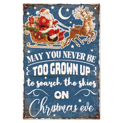 WADORN Weihnachtsmann Rentier Vintage Metall Blechschild, 20x30cm 'May You Never Be Too Grown Up To Search The Skies On Christmas Eve' Wandschild Lustiges Weihnachtsgrüße Geschenkschild Für Urlaub von WADORN