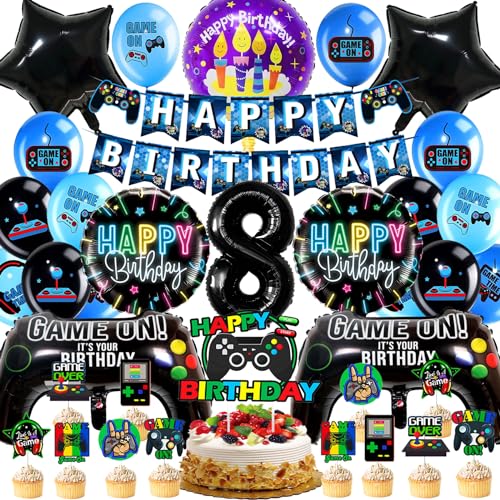 Gamer Geburtstagsdeko 8 Jahre, Gamer Deko Kindergeburtstag, Videospiel Geburtstagsdeko, Gamecontroller Luftballons Party Deko, Videospiel Party Set, Einschließlich Banner, Cake Topper(Schwarz & Blau) von WAHYGG