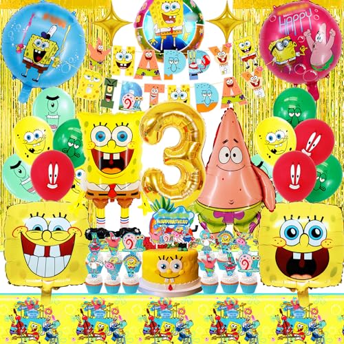 Spongebo Folienballon Geburtstagsdeko 3 Jahre, 39 Stück Spongebo Party Deko mit Glitzervorhang,Tischtücher, Happy Birthday Girlande und Kuchendeko,Geburtstagsüberraschung für Jungen und Mädchen Spongebo Folienballon Geburtstagsdeko 3 Jahre, 39 Stück Spongebo Party Deko mit Glitzervorhang,Tischtücher, Happy Birthday Girlande und Kuchendeko,Geburtstagsüberraschung für Jungen und Mädchen von WAHYGG