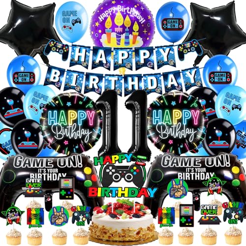 Videospiel Geburtstagsdeko 11 Jahre, Gamecontroller Luftballons Party Deko, Gamer Geburtstagsdeko, Gamer Deko Kindergeburtstag, Videospiel Party Set, Einschließlich Banner, Cake Topper(Schwarz & Blau) von WAHYGG
