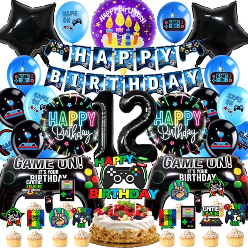 Videospiel Geburtstagsdeko 12 Jahre, Gamer Geburtstagsdeko, Gamecontroller Luftballons Party Deko, Gamer Deko Kindergeburtstag, Videospiel Party Set, Einschließlich Banner, Cake Topper(Schwarz & Blau) von WAHYGG