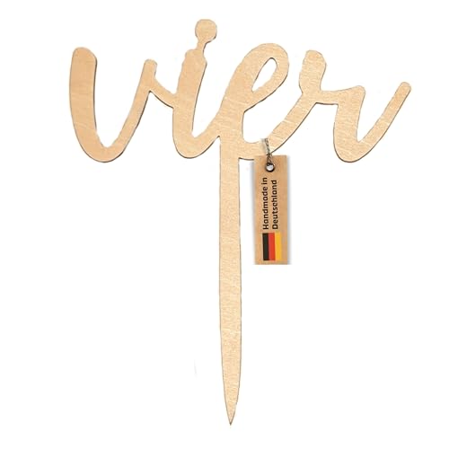 WAIKUA ® VIER Handmade Kuchentopper Cake Topper Geburtstag Dekoration aus unbehandeltem Holz für 4.Geburtstag - Tortendeko Holz Deko Zahl Happy Birthday 4 VierJahre Junge Mädchen (Vier) von WAIKUA