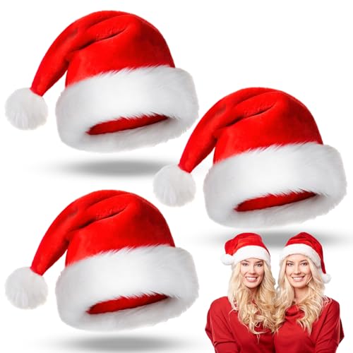 WAIMXDAO Weihnachtsmütze, 3 Stück Nikolausmütze Rote Santa Mütze Nikolausmütze Plüsche, Weich und Bequem,Flexibel,Weihnachtsmützen für Erwachsene Weihnachtsfeier von WAIMXDAO