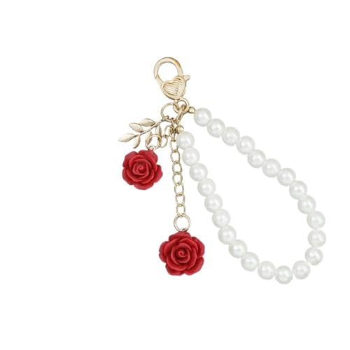 WAJJWI 2 Stück Schlüsselanhänger mit Rosenblüte aus Kunstharz, Kunstperlenkette, Armband mit Schlüsselring, Mehrzweck-Ornamente for Geldbörse, Handytasche Für Umhängetasche Tote(Red) von WAJJWI