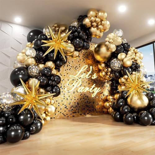 Schwarz Gold Ballons Bogen Girlande Kit, 132Pcs Ballon Bogen Kit mit Starburst Folie Ballons Konfetti Latex Ballon für Geburtstag, Abschluss, Neujahr, Baby Dusche, Jubiläum Neujahr Dekoration von WAKSOX