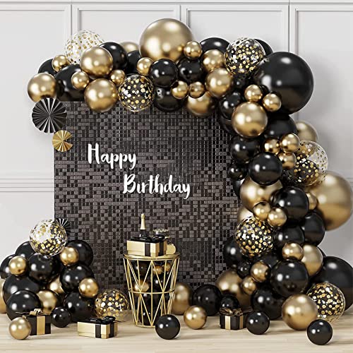 Schwarz Gold Ballons Girlande Set, 124 Stück Schwarz Gold Luftballons Garland Kit Schwarz und Gold Metallic mit Konfetti Ballon für Geburtstag Party Abschlussfeier Baby Shower Hochzeit Dekorationen von WAKSOX