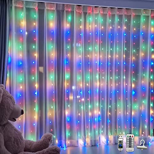 WALCHO LED Lichtervorhang 2,4mx1,8m, USB Lichterkettenvorhang mit Timer 8 Modi Fernbedienung, Wasserdichte Lichterkette für Garten, Party, Weihnachten, Schlafzimmer（Mehrfarbig von WALCHO