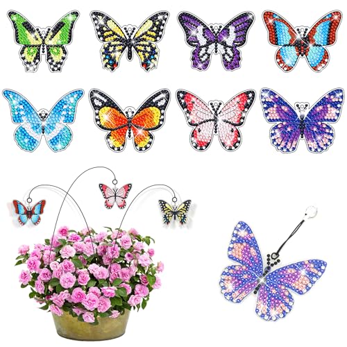 WALLFID 8 StüCk Diamond Painting Schmetterling Sets,Blumentopf-Dekorativer Schmetterlingsstecker Mit KristallanhäNger,Kann Als Diamant Lesezeichen Verwendet Werden,Geschenk FüR Bastelliebhaber von WALLFID
