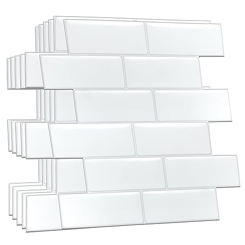 WALPLUS 20Pcs 3D Fliesenaufkleber 30.5x15.4cm Mosaikfliesen selbstklebend Glänzende Klebefliesen Küche Wasserfeste Fliesenaufkleber Bad Epoxidharz Finish Klebefliesen Weiß für Bad und Küche von WALPLUS