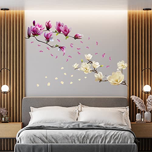 WALPLUS Blumenthema Wandaufkleber Abnehmbarer Blumenwandaufkleber DIY Wohnzimmer Schlafzimmer Küche Kombinationswandaufkleber Magnolienblumen Weiß und Rosa M1930x60cm von WALPLUS
