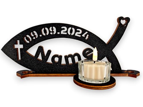 Waluna® Tauffisch Fisch personalisiert mit Name Tischdeko ideal als Taufedeko Kommunion Deko Geschenk zur Konfirmation für Mädchen & Jungen in 12 Farben Holzfisch Taufe (F01) von WALUNA