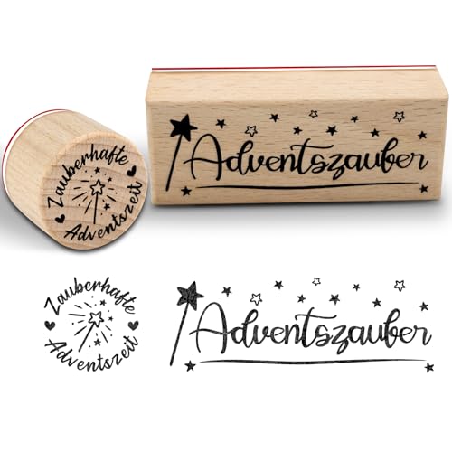 WAMIOKAGRO 2 Stück Advent Stempel Set Holzstempel "Adventszauber" - 75 x 30 mm - Motivstempel Dekostempel für Weihnachtskarten, Geschenkpapier, Adventskalender und Weihnachtsdeko von WAMIOKAGRO