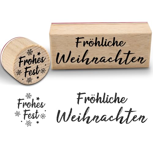 WAMIOKAGRO 2 Stück Stempel Weihnachten Set, Weihnachtsstempel "Fröhliche Weihnachten" - 75 x 30 mm - Holzstempel Motivstempel für Weihnachtskarten, Geschenkpapier, Adventskalender und Weihnachtsdeko von WAMIOKAGRO