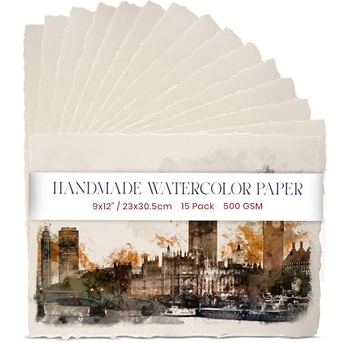 Ultradickes Handgefertigtes Aquarellpapier Mit Büttenrand – 22,9x30,5 cm – 500 GSM – Kaltpresspapier In Cremeweiß/Elfenbein Mit Strukturierter Mischtechnik Aus Recycelter Baumwolle – 15 Blattblätter von WANDERINGS