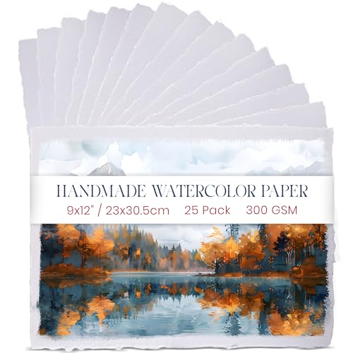 Dickes Handgeschöpftes Aquarellpapier Mit Büttenrand – 23 X 30,5 Cm / 9 X 12 Zoll – 300 Gsm – Hochwertiges, Kaltgepresstes, Strukturiertes Papier Aus Recycelter Baumwolle – 15 Lose Blattblätter von WANDERINGS