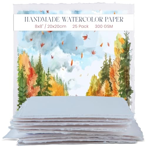 Dickes Handgeschöpftes Aquarellpapier mit Büttenrand – 20,3 x 20,3 cm – 300 GSM – Hochwertiges, Kaltgepresstes, Gemischtes Medienpapier aus Recycelter Baumwolle, Weiß – 15 Lose Blattblätter von WANDERINGS