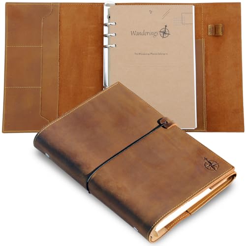 Wanderings A5 Leder Notizbuch Ringbuch Nachfüllbar Aus Echtleder - 22X15 cm - 6-Ring - Perfekt Zum Schreiben, Planen, Reisen, Als Tagebuch Oder Skizzenbuch - Gemischte Einzelblätter - Leather Binder von WANDERINGS