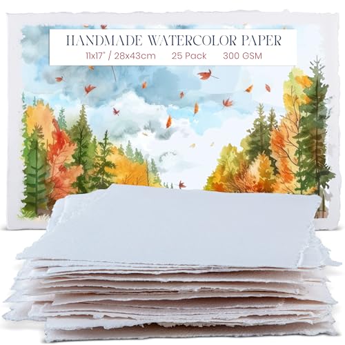 Wanderings Dickes Handgeschöpftes Aquarellpapier Mit Büttenrandr – 28 x 43 cm – 300 gsm – Hochwertiges, Kaltgepresstes, Gemischtes Medienpapier Aus Recycelter Baumwolle, Weiß – 25 Lose Blattblätte von WANDERINGS