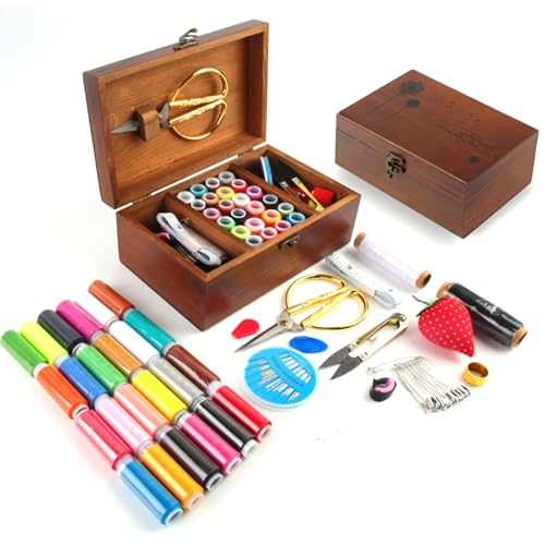 WANDGU 37 Stücke Nähkästchen: Grundlegendes Nähset, Nähzubehör und Zubehör, Premium Nähset mit Nähzubehör, Holz Nähset, Hand Nähen Set, Handnähset, Leder Werkzeug Set für Camping, Heimwerken von WANDGU