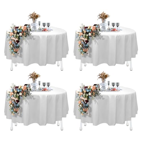 WANDGU 4-Pack Runde Tischdecke: 213 cm Fleck und Faltenfreie Moderne Tischwäsche, Fleckabweisende Tischwäsche, Weiße Tischdecke für Hochzeitsfeier Bankett Restaurant Empfang von WANDGU