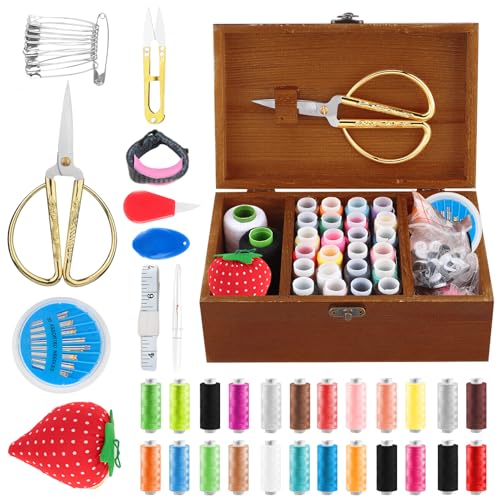 WANDGU Nähset Grundausstattung: Premium Nähanzugbox, Vintage Nähkiste aus Holz mit kompletten Nähzubehör, DIY Hobby Haushalt Nähwerkzeuge für Ausbessern von Kleidung für Haus, Reise und Notfall WANDGU Nähset Grundausstattung: Premium Nähanzugbox, Vintage Nähkiste aus Holz mit kompletten Nähzubehör, DIY Hobby Haushalt Nähwerkzeuge für Ausbessern von Kleidung für Haus, Reise und Notfall von WANDGU