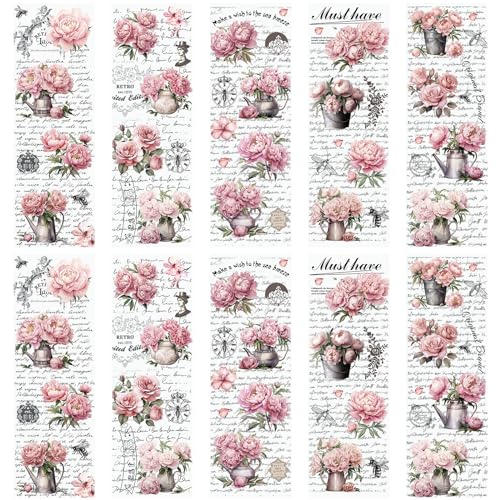 WANDIC 10 Blatt Transfer-Aufkleber, Vintage-Pfingstrosen-Blumen-Aufkleber, Retro, rosa Blume, Wort-Aufkleber für DIY, Scrapbooking, Fotoalben, Möbel, 30 x 9,9 cm WANDIC 10 Blatt Transfer-Aufkleber, Vintage-Pfingstrosen-Blumen-Aufkleber, Retro, rosa Blume, Wort-Aufkleber für DIY, Scrapbooking, Fotoalben, Möbel, 30 x 9,9 cm von WANDIC