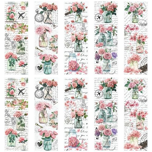 WANDIC 10 Blatt Transfer-Aufkleber, rosa Blumen-Aufkleber für Bastelarbeiten, Scrapbooking, Fotoalben, Möbel, 30 x 9,9 cm von WANDIC