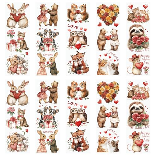 WANDIC 10 Stück Valentinstag-Themen-Aufkleber zum Aufreiben, niedliche Tier-Aufkleber, Blumen-Aufkleber für Geschenkverpackung, DIY, Scrapbooking, Alben, Möbel, 10 x 30 cm von WANDIC