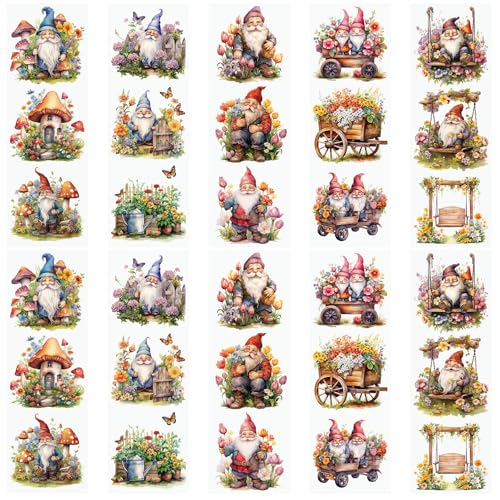 WANDIC 10 Stück Zwerg Alter Mann Reiben auf Transfer-Aufkleber, Frühlingsblumen-Aufkleber, Pilzhaus-Aufkleber für Geschenkverpackung, DIY, Scrapbooking, Alben, Möbel, 10 x 30 cm von WANDIC