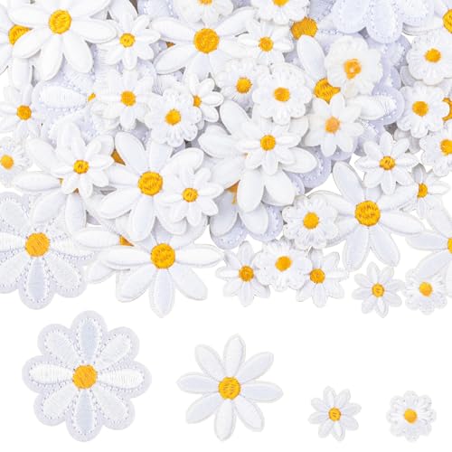 WANDIC 100 Stück Gänseblümchen-Aufnäher zum Aufbügeln, zart bestickt, Zubehör für Kleidung, Hüte, Taschen, Leder, DIY, insgesamt 4 Stile von WANDIC