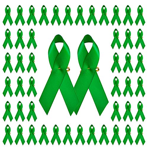 Wandic 100 Stück Satin-Bänder mit Sicherheitsnadeln für Leberkrebs und psychische Gesundheit 7,5 x 4 cm (Grün) von WANDIC