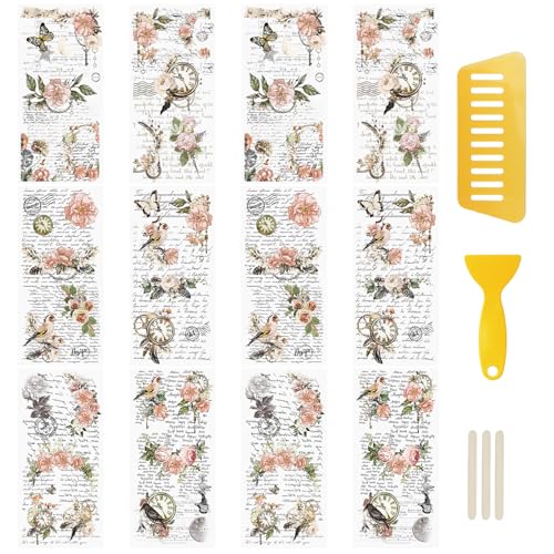 WANDIC 12 Bogen Rub on Transfer Stickers, Rosa Blumen Aufkleber Wand mit Vintage Muster, Wasserdicht, Handarbeiten, Möbel, DIY Kunsthandwerk, Dekorieren für Fotoalbum und Scrapbook, 15 x 30 cm von WANDIC