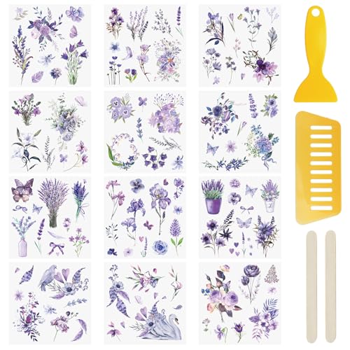 WANDIC 12 Blatt Transfer-Aufkleber, violette Blumen-Aufkleber, wasserdicht, Tagebuch, Album, Aufkleber, Möbel, Handwerk, Abziehbilder für DIY Scrapbooking WANDIC 12 Blatt Transfer-Aufkleber, violette Blumen-Aufkleber, wasserdicht, Tagebuch, Album, Aufkleber, Möbel, Handwerk, Abziehbilder für DIY Scrapbooking von WANDIC