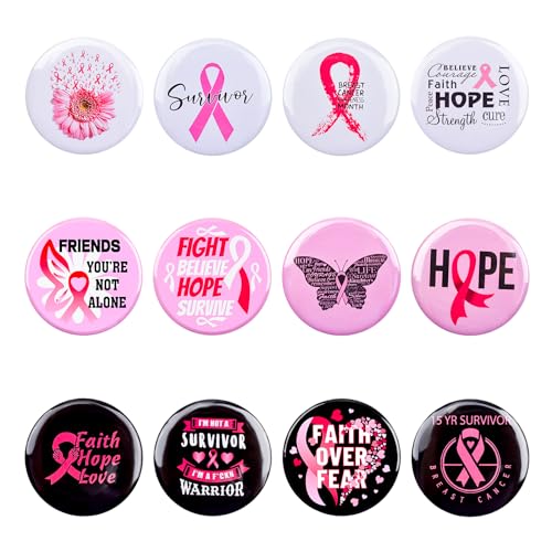 WANDIC 12 Stück rosa Band-Anstecknadeln, Brustkrebs-Bewusstseins-Anstecknadeln, Rosa, Weiß, Schwarz, Anstecknadel, rosa Band, Themen-Anstecknadeln für Frauen von WANDIC