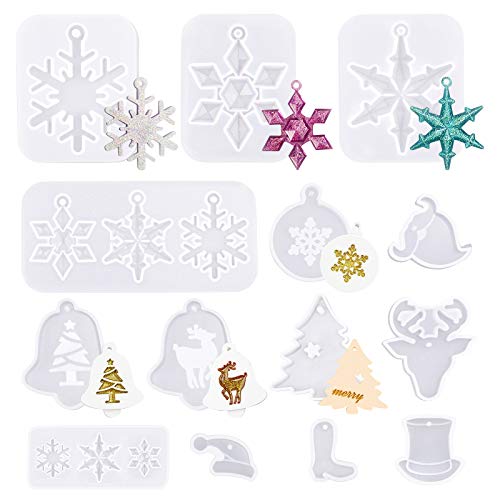 WANDIC 14 Stück Epoxidharz-Formen mit weihnachtlichem Muster, Silikon, handgefertigt, Schmuckformen für Bastelarbeiten, Weihnachtsbaum, Schneeflocken, Feste Weihnachtsmannmütze. von WANDIC