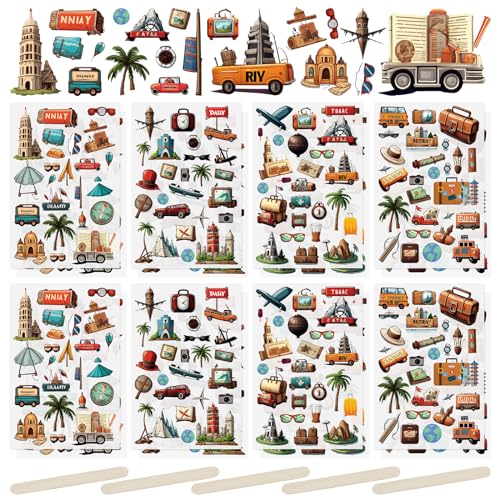 WANDIC 16 Blatt Transfer-Aufkleber, Tourismus-Thema, Transfer-Aufkleber, Architektur, Gepäck, DIY, Scrapbooking, Aufkleber für Grußkarten, Geschenkverpackungen, Dekoration von WANDIC