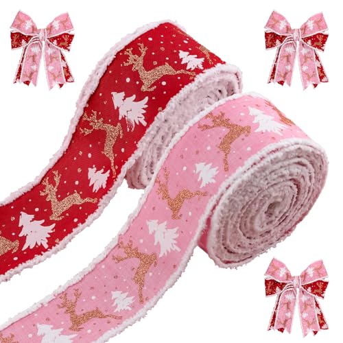 WANDIC 2 Rollen rosa und rotes Weihnachtsband, Weihnachtsband mit Drahtrand, 6,3 cm, 9,1 m, einseitig bedrucktes Gurtband für Kranz, Schleifen, Basteln, Weihnachtsdekorationen WANDIC 2 Rollen rosa und rotes Weihnachtsband, Weihnachtsband mit Drahtrand, 6,3 cm, 9,1 m, einseitig bedrucktes Gurtband für Kranz, Schleifen, Basteln, Weihnachtsdekorationen von WANDIC